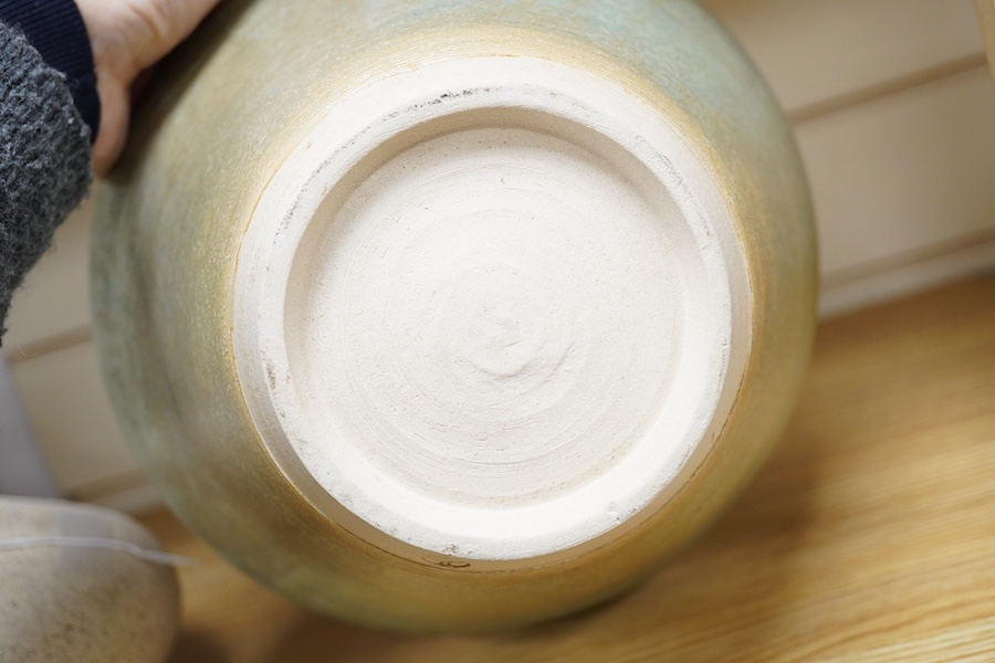 A Studio pottery ribbed conical bowl, impressed mark, 16cm high